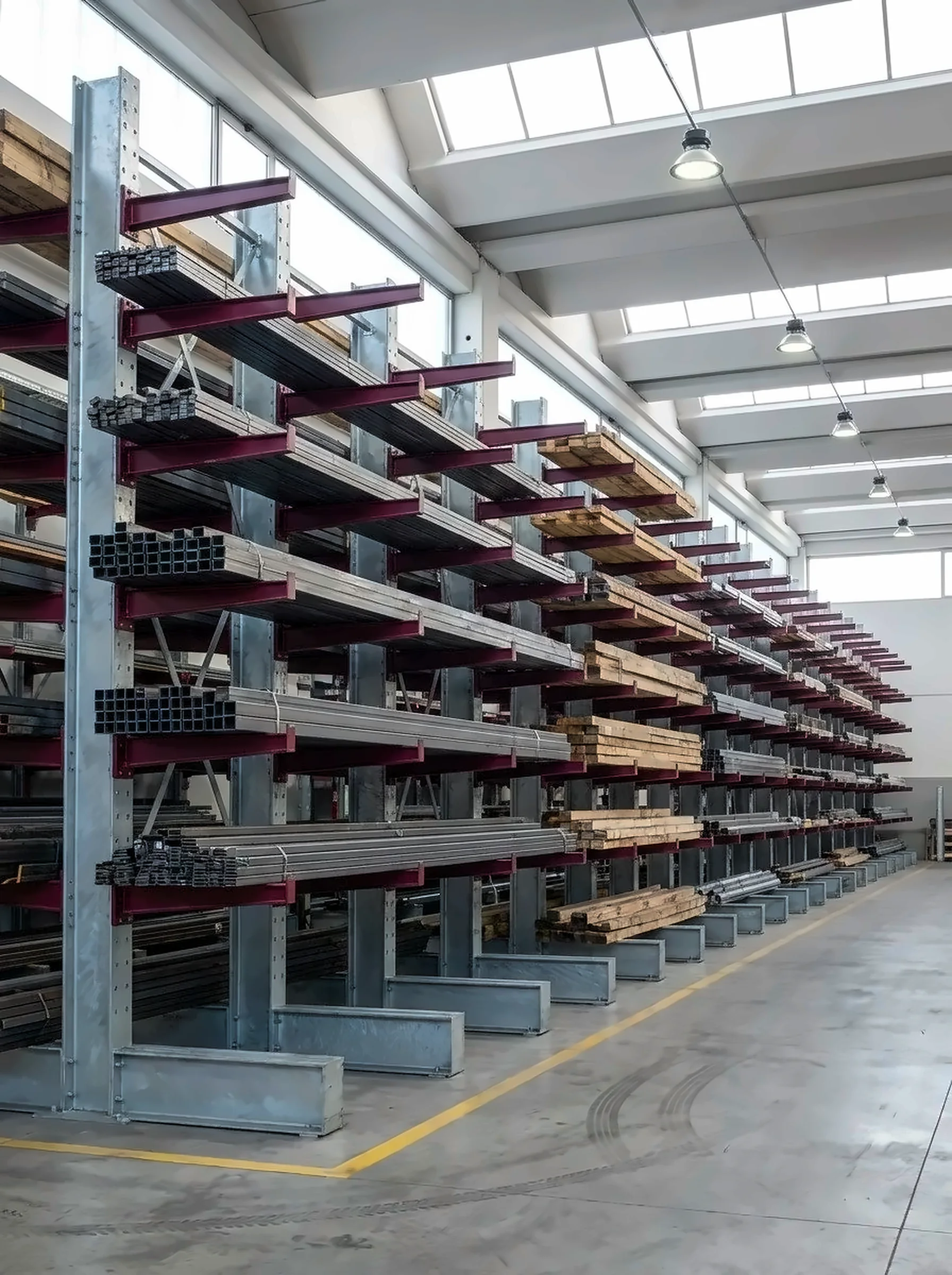 Cantilever zincato con bracci bordeaux carico di barre e profili