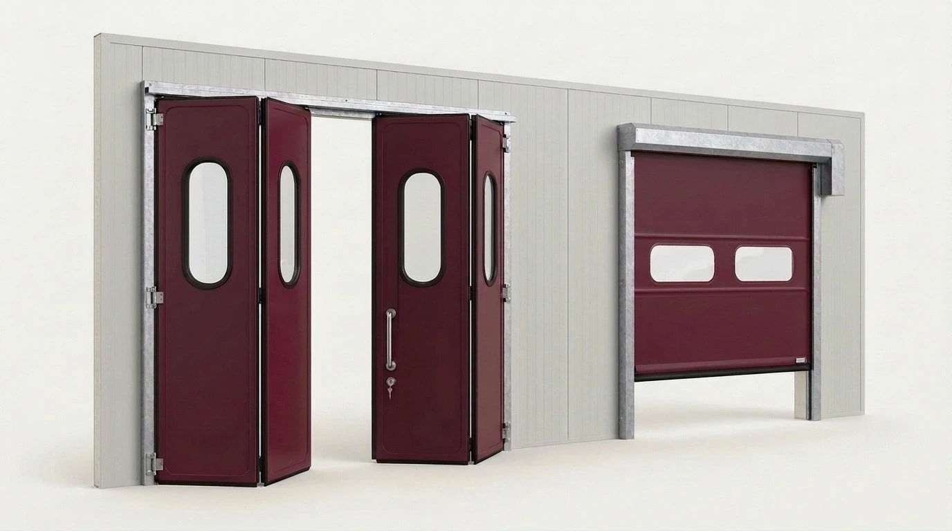 Portone a libro con ante in vetroresina bordeaux, oblò allungati e maniglia, e porta rapida ad avvolgimento con due finestre