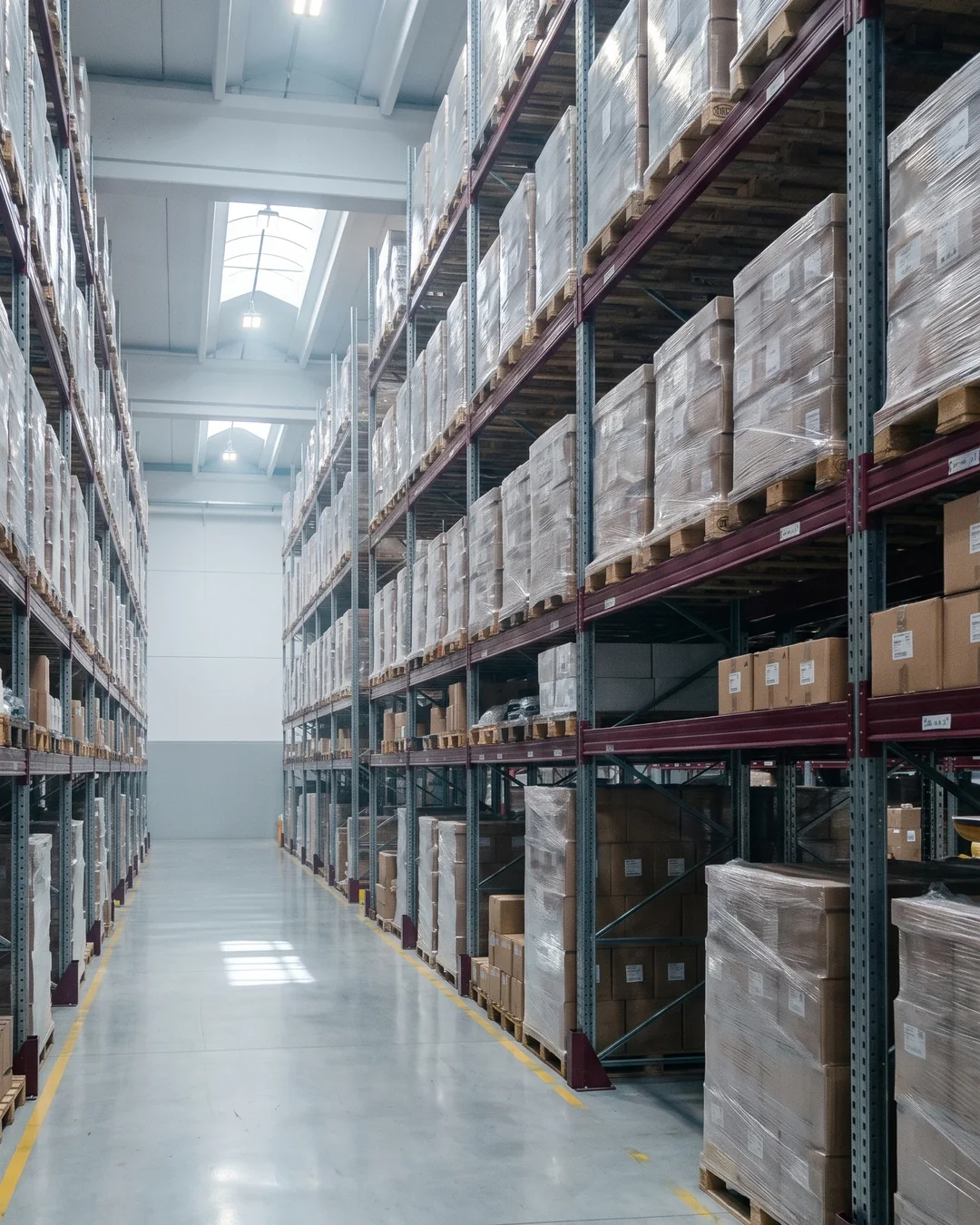 Corsia di un magazzino con scaffalature portapallet zincate e correnti bordeaux