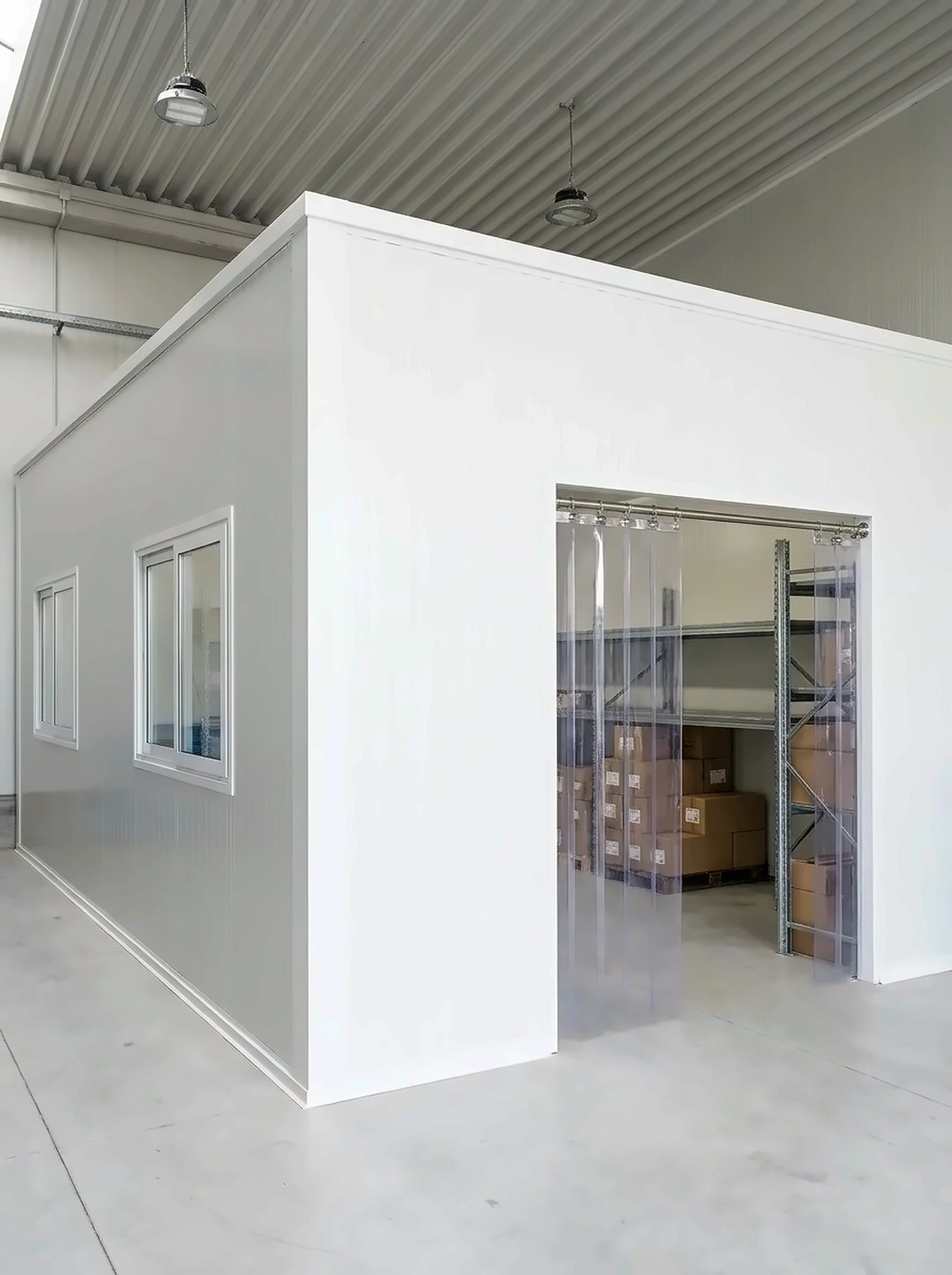 Box in pannelli sandwich con tenda in PVC e finestre scorrevoli