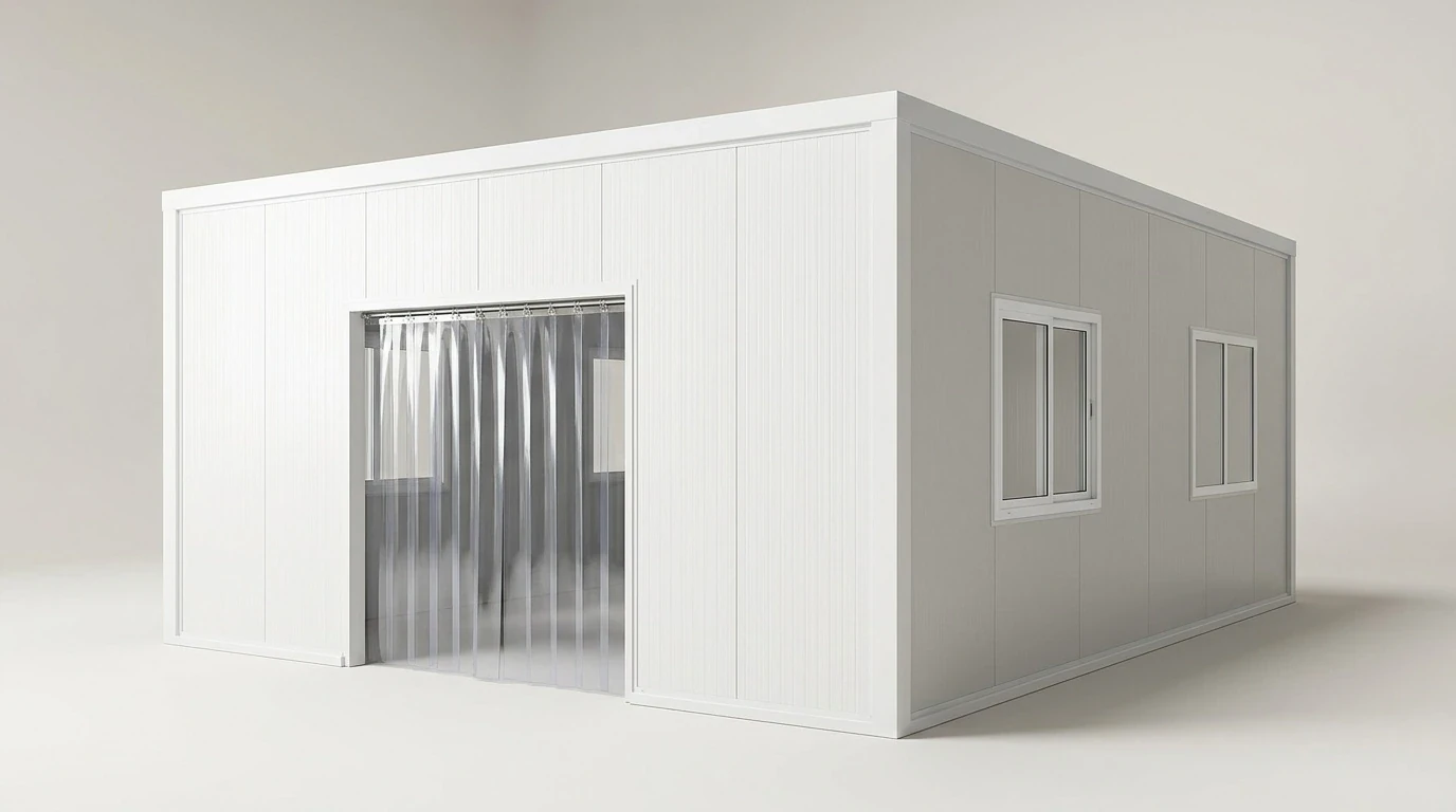 Box in pannelli sandwich bianchi e grigi con tenda a strisce in PVC e finestre scorrevoli